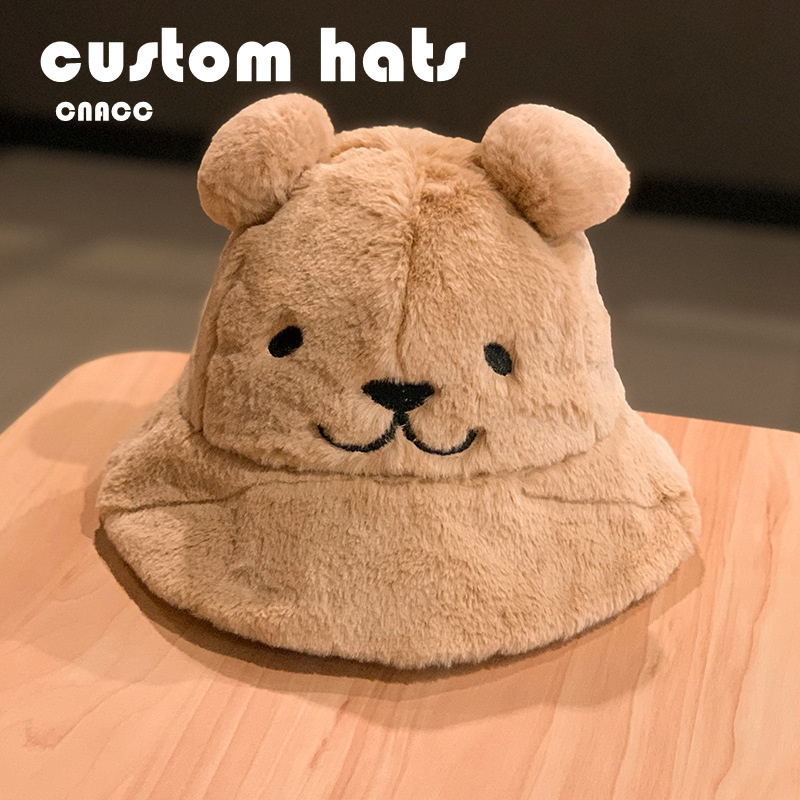 Embroidery Bucket Hat Warm Outdoor Custom Designer Animal Winter Cozy Plush Fluffy Furry Fuzzy 100% Polyest Faux Fur  Hats