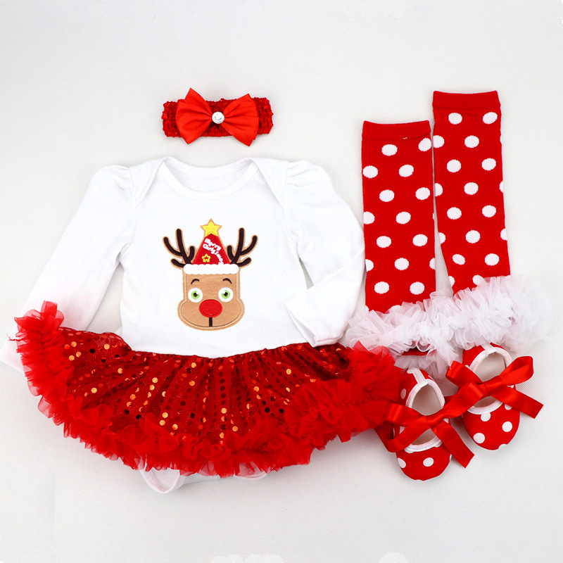 Newborn infant printed Christmas baby  clothing set christmas tutu dress girl romper with headband, shoes, sock 4 pieces set