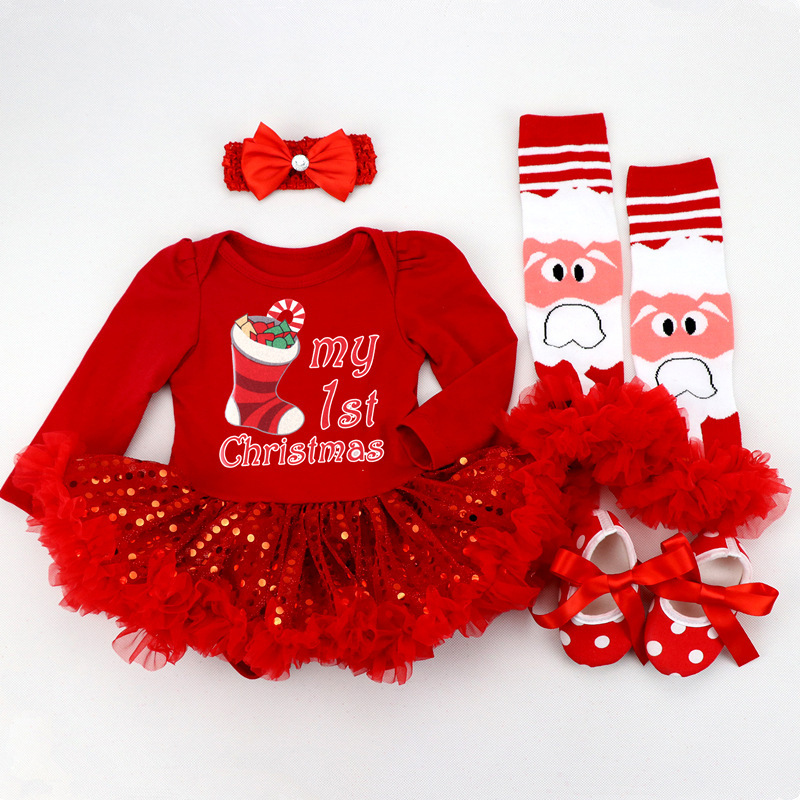 Newborn infant printed Christmas baby  clothing set christmas tutu dress girl romper with headband, shoes, sock 4 pieces set