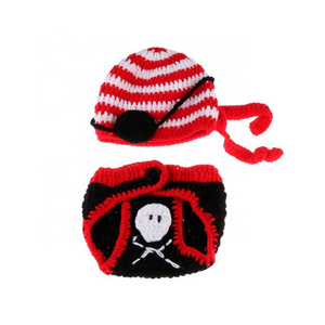 Newborn baby crochet knitted photo shoot props cute pirate design Winter baby hat and pants baby gift photo clothes