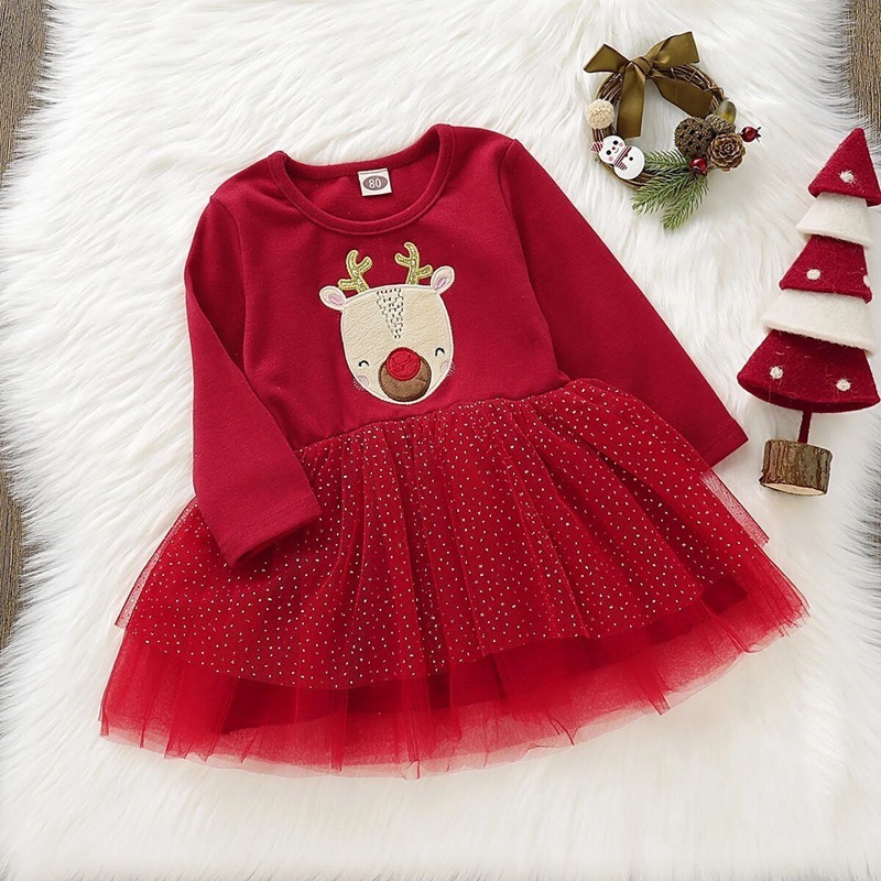 Wholesale autumn winter children's Christmas party dresses clothing kids deer tulle tutu red skirt clothes baby girls dress