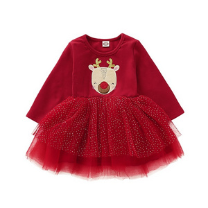 Wholesale autumn winter children's Christmas party dresses clothing kids deer tulle tutu red skirt clothes baby girls dress