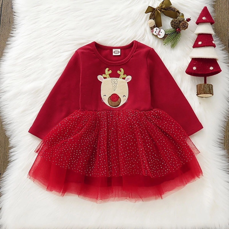 Wholesale autumn winter children's Christmas party dresses clothing kids deer tulle tutu red skirt clothes baby girls dress