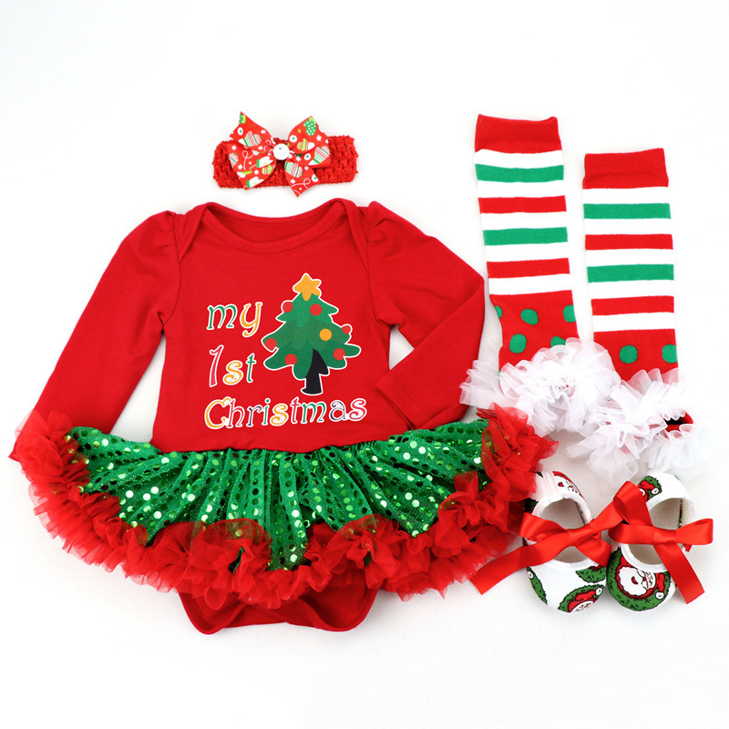 Newborn infant printed Christmas baby  clothing set christmas tutu dress girl romper with headband, shoes, sock 4 pieces set