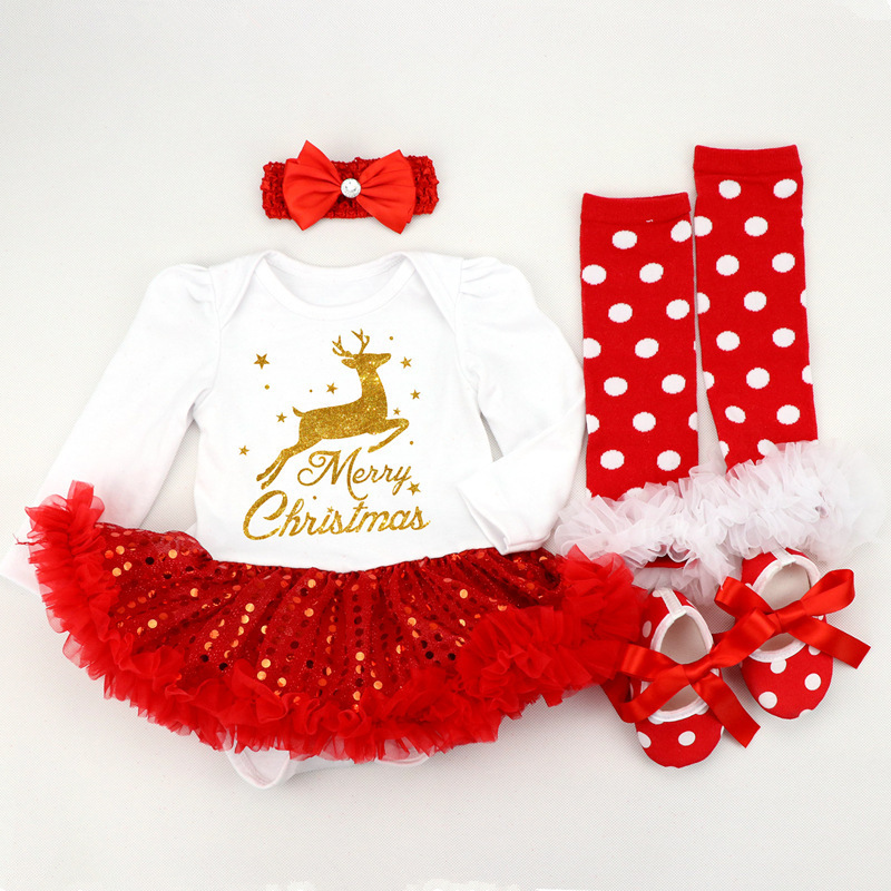 Newborn infant printed Christmas baby  clothing set christmas tutu dress girl romper with headband, shoes, sock 4 pieces set