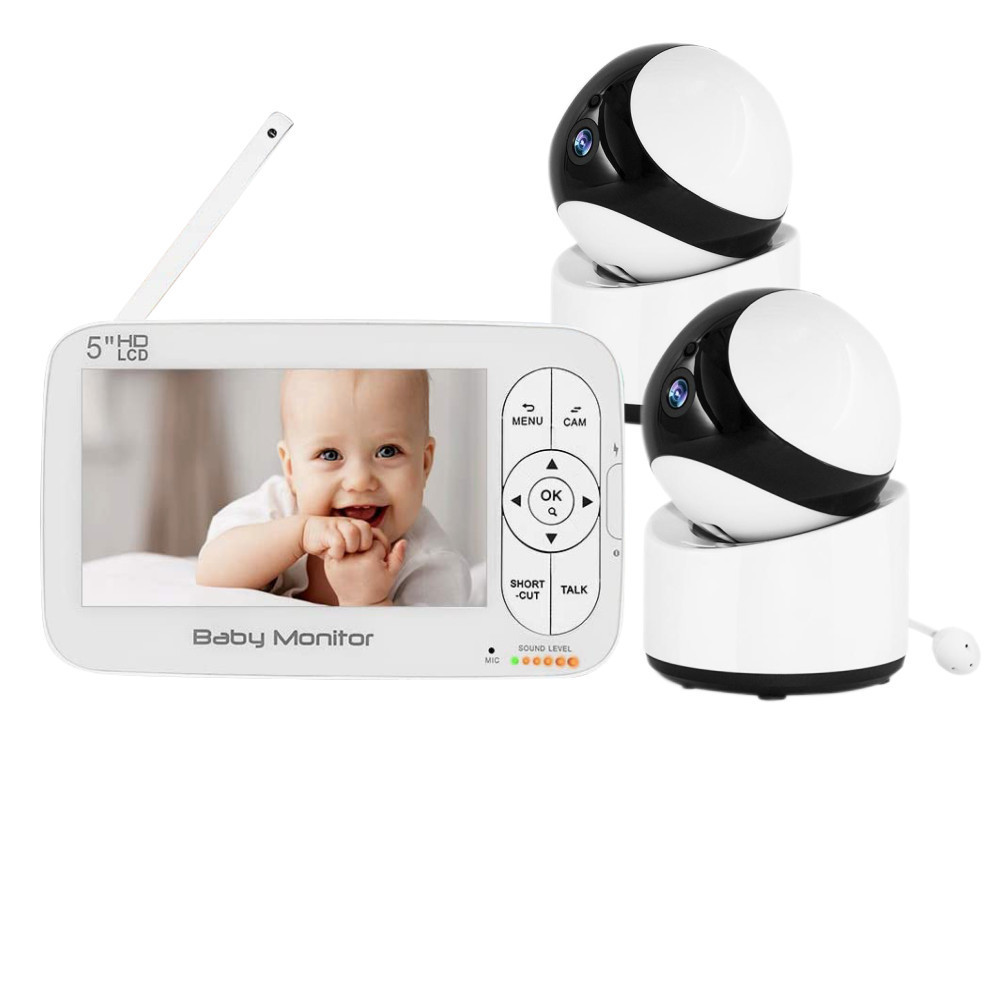 1080P 720P HD 5 inch Display 1000ft Wireless 360 Degree Panoramic View Remote Pan Tilt Zoom Baby Monitor with Two Cameras