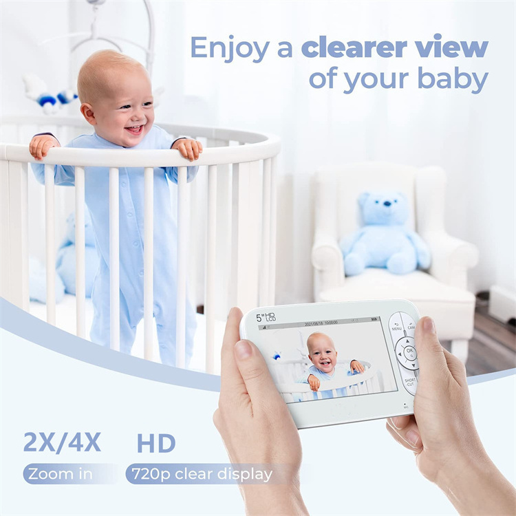 1080P 720P HD 5 inch Display 1000ft Wireless 360 Degree Panoramic View Remote Pan Tilt Zoom Baby Monitor with Two Cameras