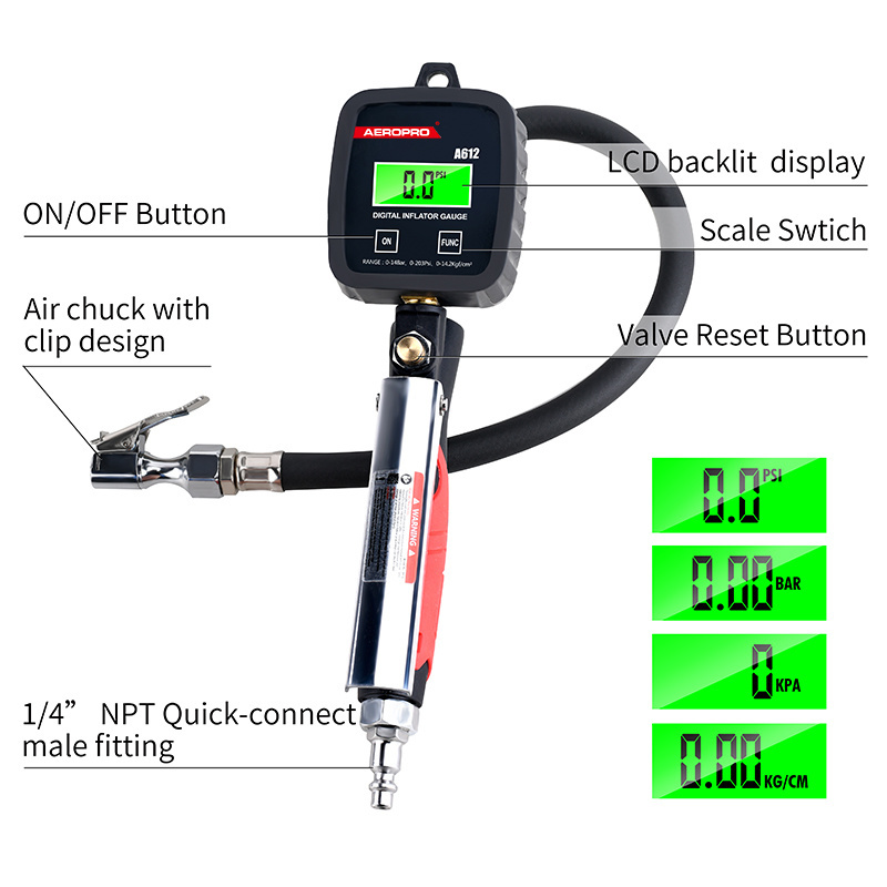 AEROPRO A612 Professional Air Tire Digital Pressure Gauge Auto Car Tire Inflators With Hose Chuck Pneumatic Tools