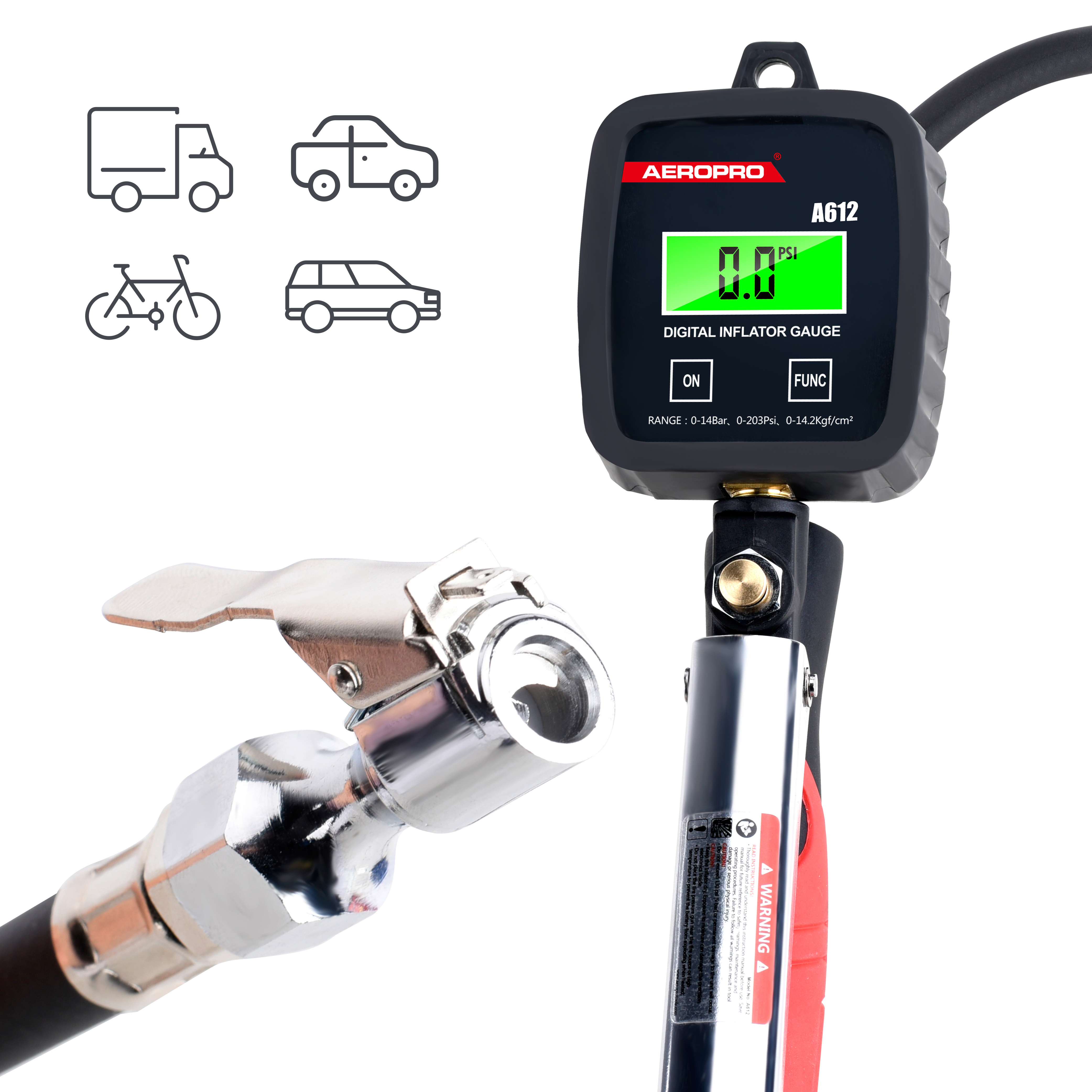 AEROPRO A612 Professional Air Tire Digital Pressure Gauge Auto Car Tire Inflators With Hose Chuck Pneumatic Tools