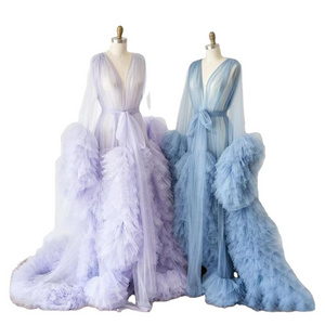 Women's Dressing Gown Perspective Sheer Long Tulle Robe Puffy Pregnancy Maternity Dress for Baby Shower Nightgown Sleepwear