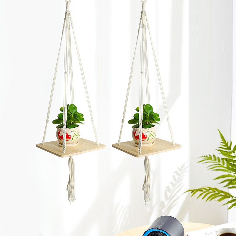 Hot Selling Handmade Macrame Plant Hanger Planter Wall Hanging Shelf Wooden Flower Pot Holder