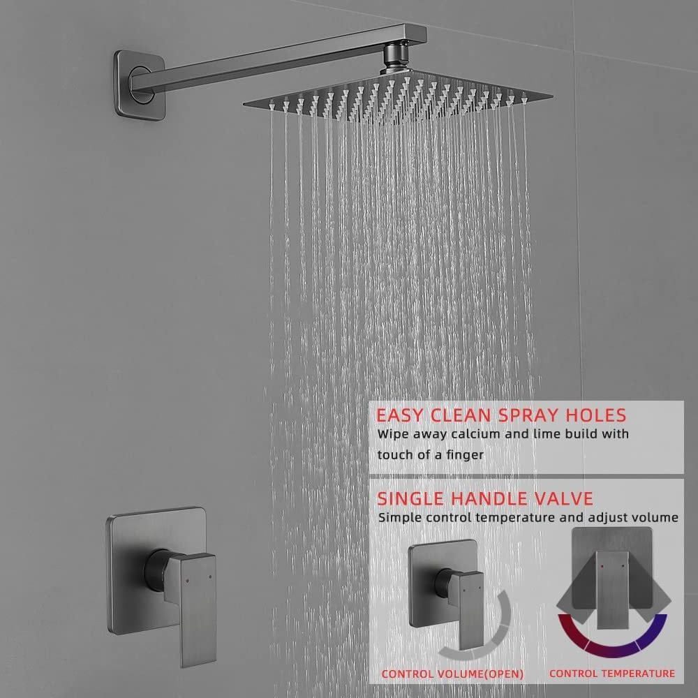 Grey Shower Faucet Set Bathroom Rainfall 8 Inch Shower Head System Single Handle Shower Trim Kit with Rough in Valve