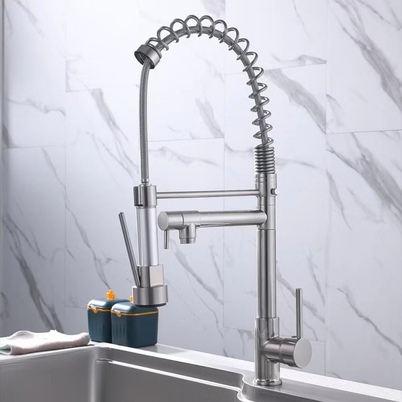 Designer 304 Stainless Steel Nickel Brushed Kitchen Pull Out Sink Faucets With Dual Function Spray Head