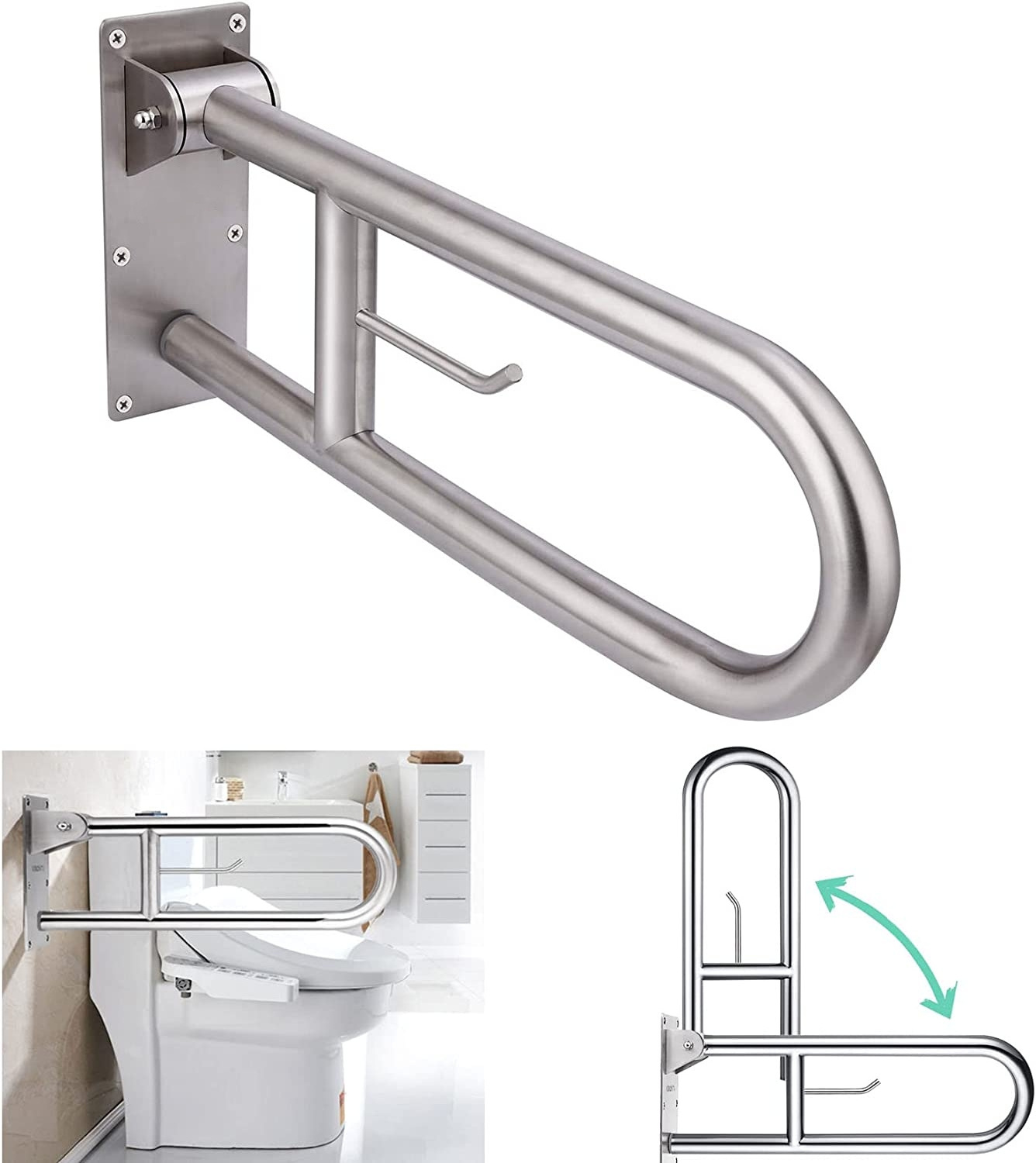 Handicap Toilet Fold Down Grab Bar Support  Flip Up Hand Grips for Disabled Elderly Pregnant Woman