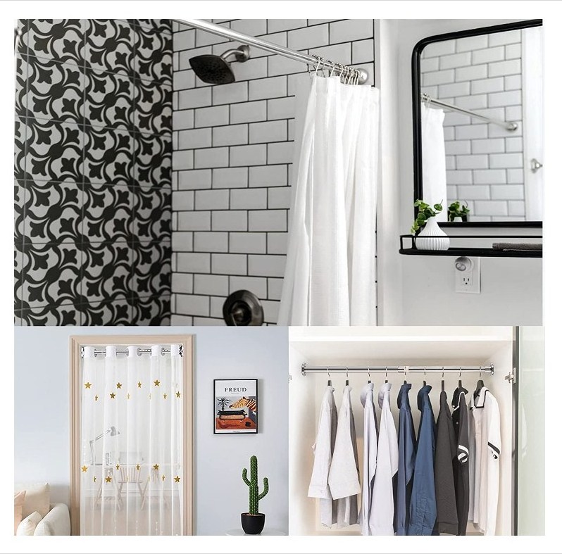 Metal Steel extendable shower curtain rail towel poles bathroom rod adjustable hanging clothes drying rod telescopic curtain rod