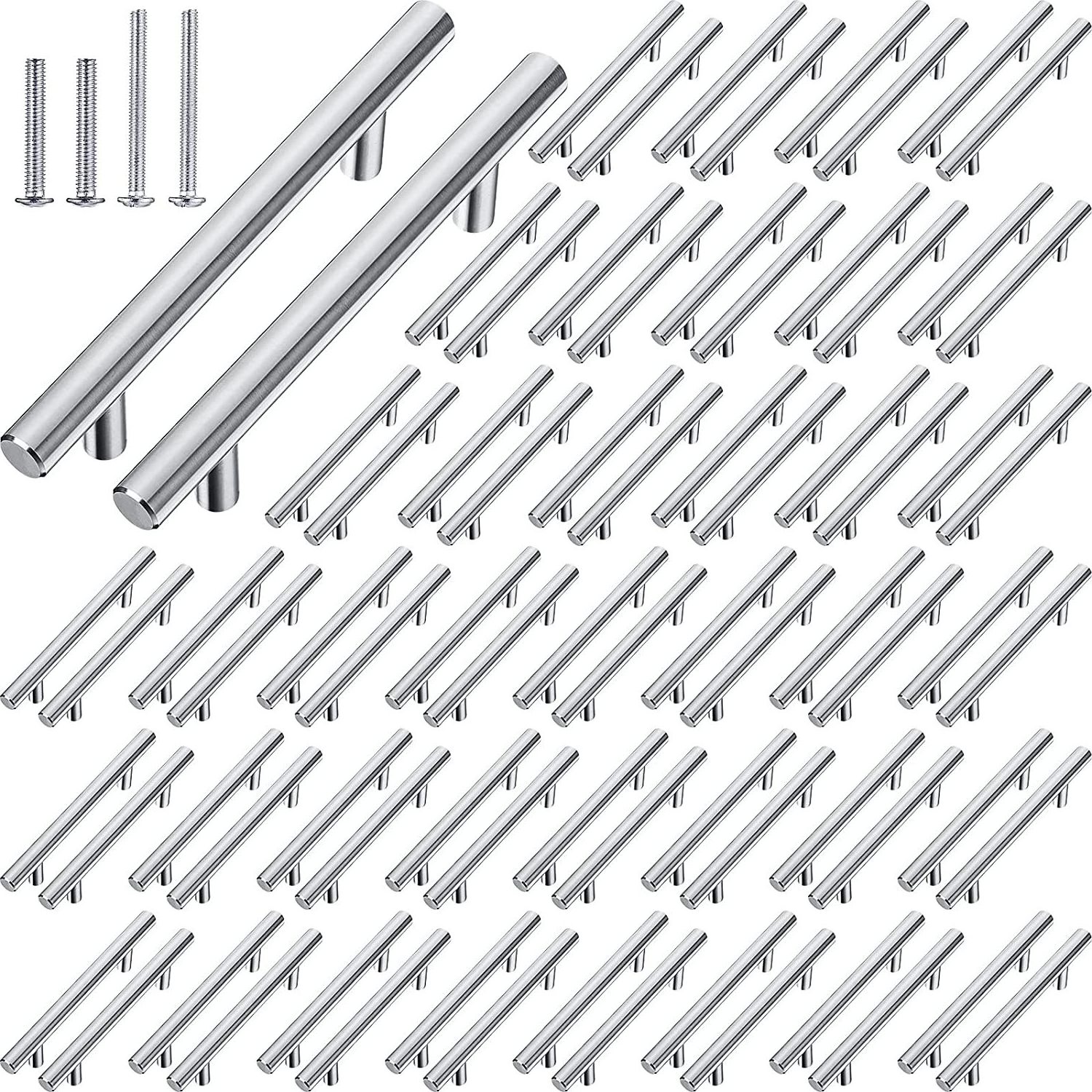 50 Pack Straight Bar Cabinet Handle, Satin Nickel Cabinets Doors Handle Pulls, 5 Inch Overall Length & 3 Inch Hole Centers