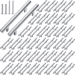 50 Pack Straight Bar Cabinet Handle, Satin Nickel Cabinets Doors Handle Pulls, 5 Inch Overall Length & 3 Inch Hole Centers