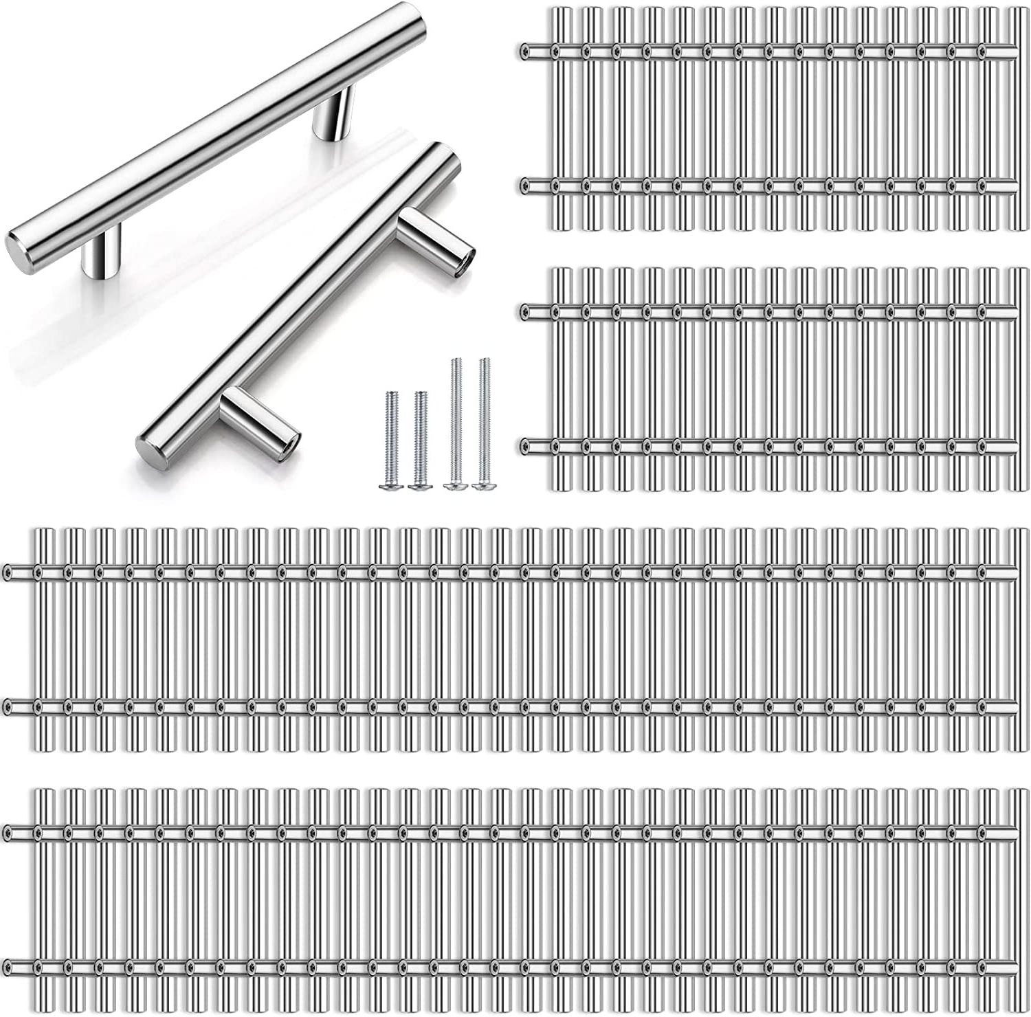 50 Pack Straight Bar Cabinet Handle, Satin Nickel Cabinets Doors Handle Pulls, 5 Inch Overall Length & 3 Inch Hole Centers