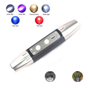 USB Rechargeable 6 LEDS Gemstone Flashlight Dual Head 6 in 1 White Light Yellow Blue Red Light UV 365 395 Amber Detector Torch