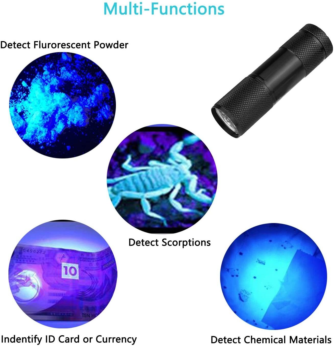 UV flashlight blue light fingerprint 395nm 365nm torch light detector Money Checker Scorpions Bed Bugs Curing UV Glue