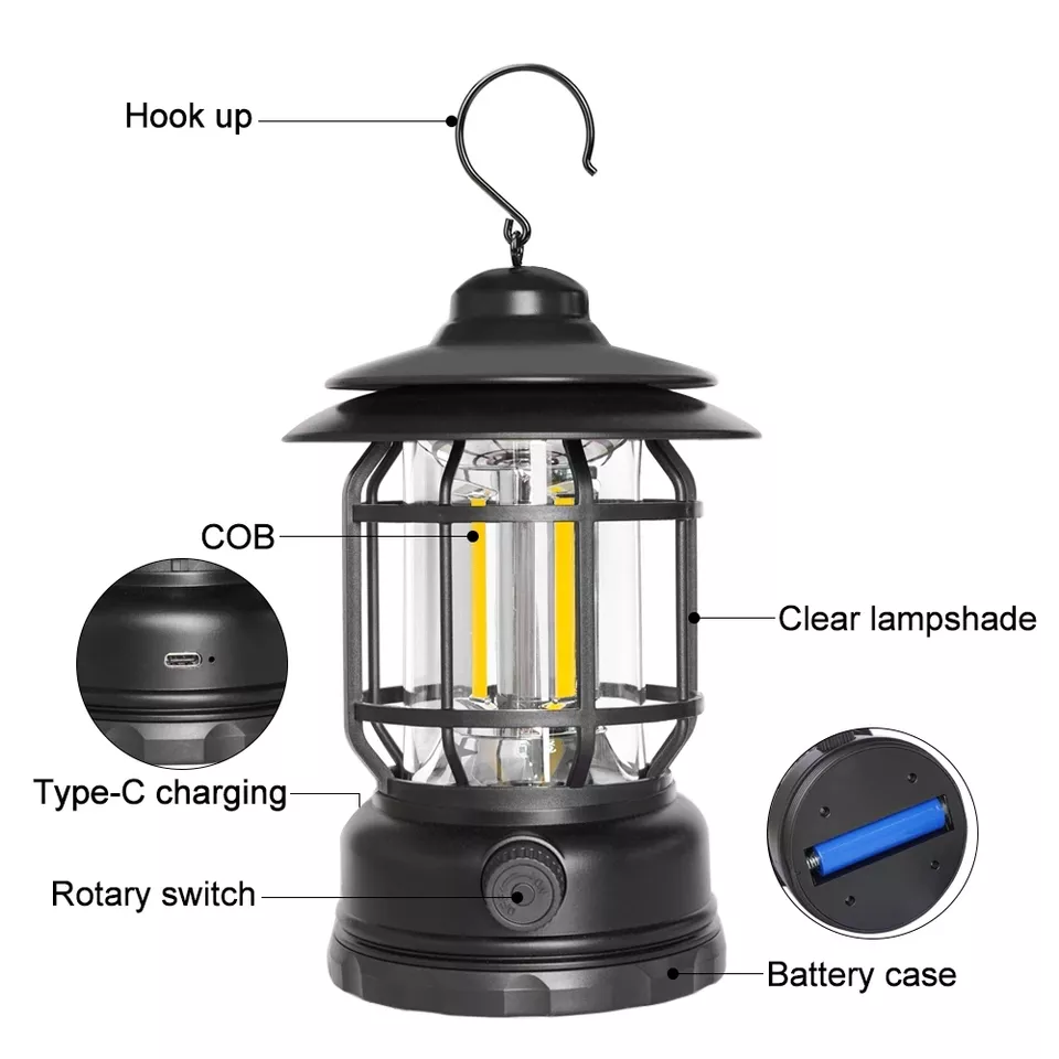 Retro Led Camping Lights USB Rechargeable Portable Hanging Lantern Atmosphere Night Light Hiking Fishing Tent Outdoor Lighting