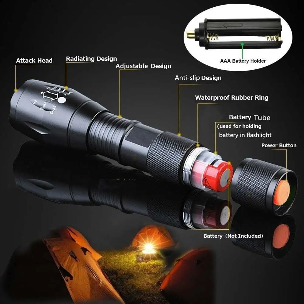 2 Pack Waterproof Tactical Flashlight 5 Modes 3000 High Lumens Led Waterproof Handheld Flashlight for Camping Biking Hiking