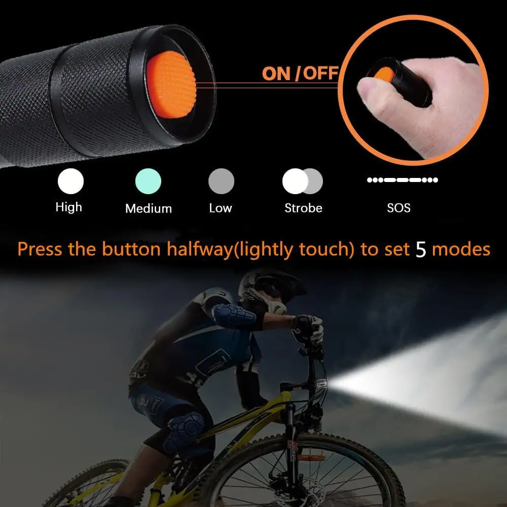 2 Pack Waterproof Tactical Flashlight 5 Modes 3000 High Lumens Led Waterproof Handheld Flashlight for Camping Biking Hiking