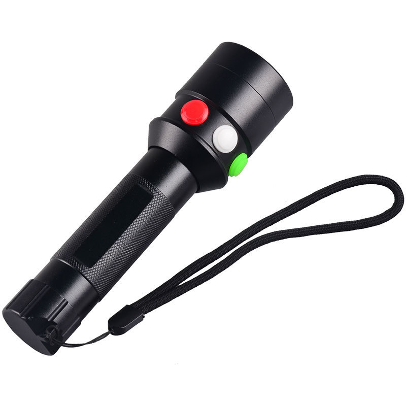 White Red Green LED Tricolor flashlight 18650 Rechargeable Railway Signal Lamp Torch