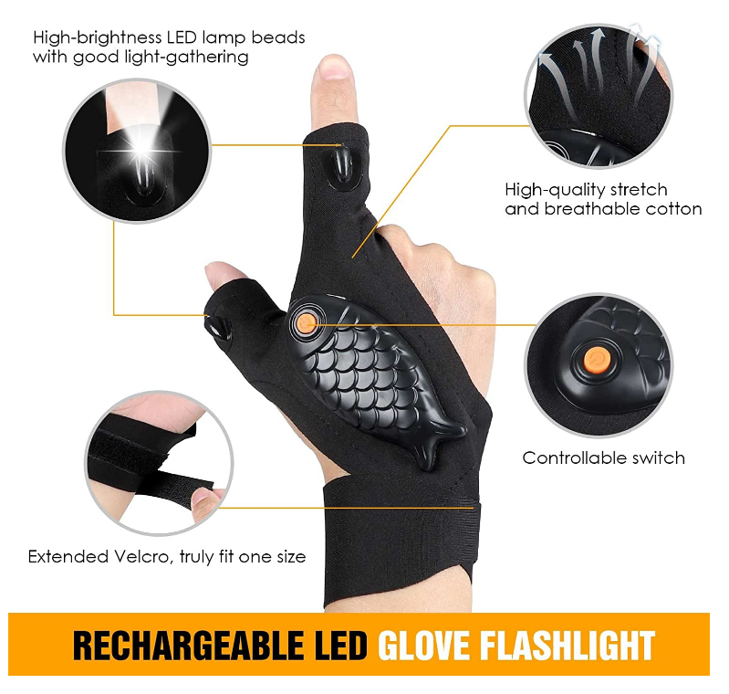 USB LED Flashlight Gloves Lights Rechargeable Fingerless Gloves Mechanics Plumbers Repair Fishing  Road Landscape Working