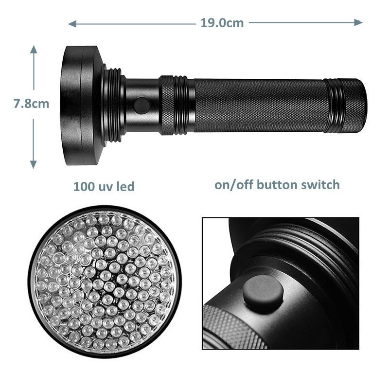 100 LED UV Flashlight with Rubber Handle Germ Detector 395nm UV Blacklight Torch Aluminum Body AA Battery Power IP65 Rating