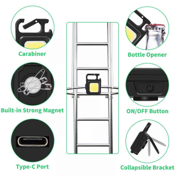 Ultra Bright 500 Lumen Mini COB Keychain Flashlight 4 Lighting Mode Pocket Light With Folding Bracket Bottle Opener