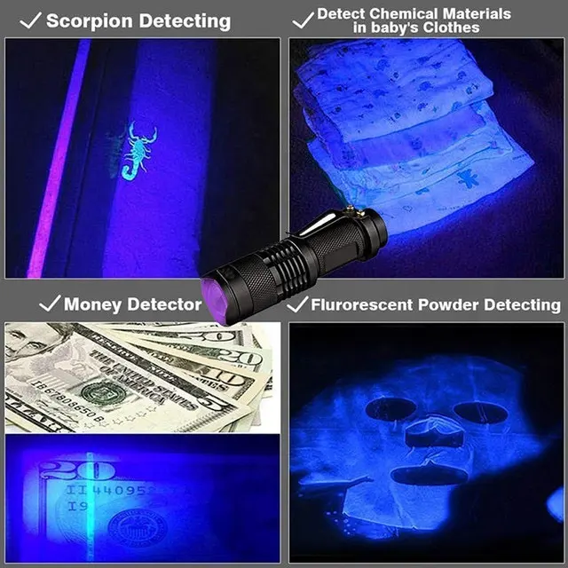 UV LED Flashlight Mini LED Torch 395nm Blacklight Wavelength Violet Light Zoomable Pet Urine Scorpion Feminine Hygiene Detector