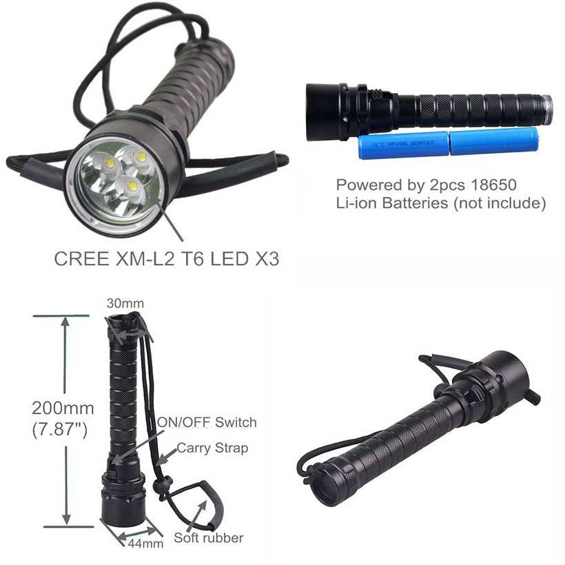 High Lumen Underwater Most Powerful Professional Diving Light 4000 Lumens 3*XM-L2/T6  Diving Led Flashlight Waterproof