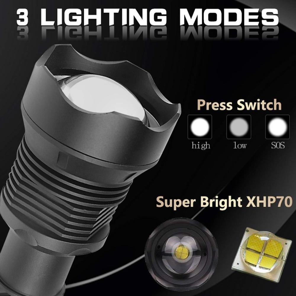 Ultra Brightest Handheld Xhp70 Led Torch Flashlight Zoomable Water-Resistant High Lumens Rechargeable Usb Flashlight