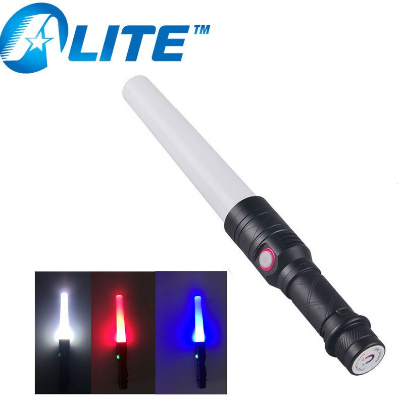 USB Rechargeable Magnet Base Signal Traffic Wand Baton LED Flashlight With Red Flashing Mode