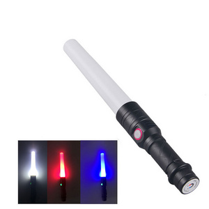 USB Rechargeable Magnet Base Signal Traffic Wand Baton LED Flashlight With Red Flashing Mode