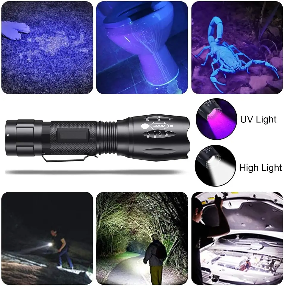 10w Rechargeable 2-in-1 Urine Detector Black Light Scorpion 395-400nm LED UV Flashlight Ultraviolet Torch With Zoom