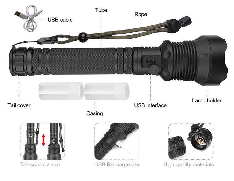 Ultra Brightest Handheld Xhp70 Led Torch Flashlight Zoomable Water-Resistant High Lumens Rechargeable Usb Flashlight