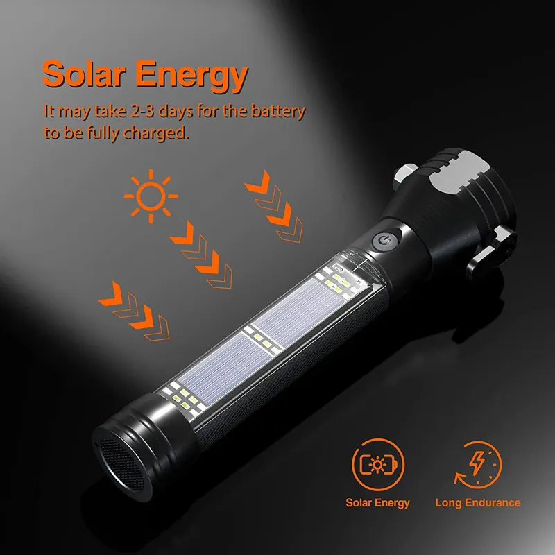 TMWT USB Rechargeable Multifunction Self Defense Tactical Led Solar Torch Flashlight With Safety Hammer Cutting Knife Side Light