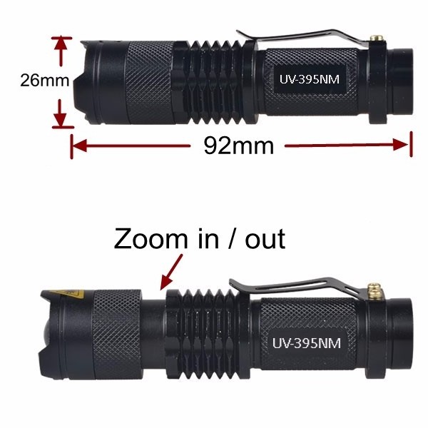 365nm 395nm UV LED Flashlight Mini Zoomable Flashlight Tactical Portable Torch