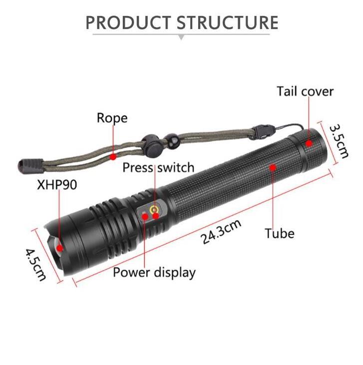 Military Style tactical flashlight xhp90 led torch Power Bank Zoom torchlight Rechargeable Spotlight Flashlight