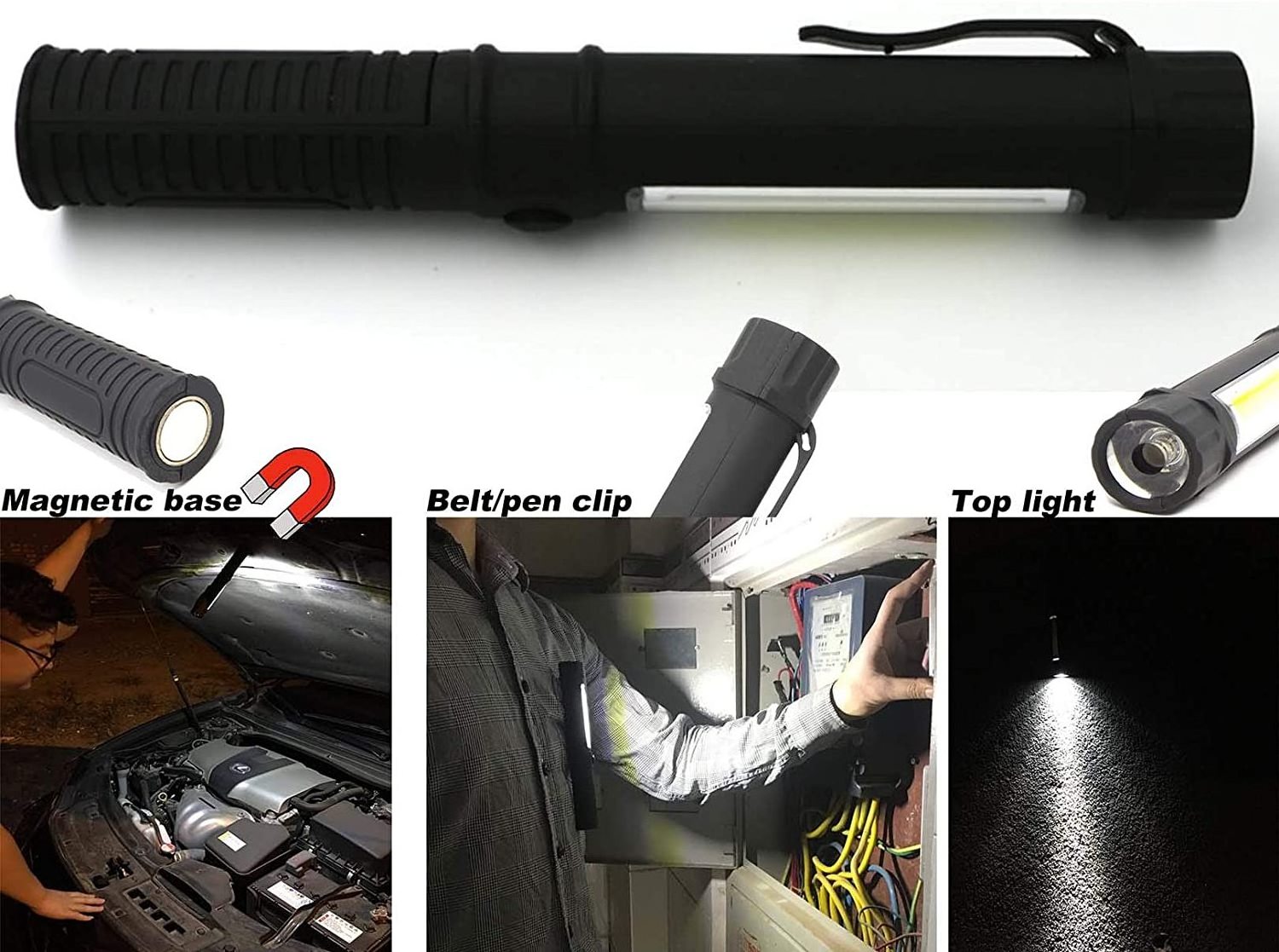 COB LED Work Flashlight Multi-Function Pocket Pen Light Inspection Work Torch Light with Magnetic Base and Clip