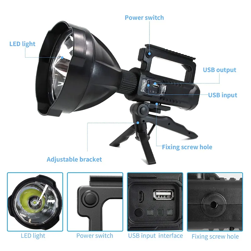 Xhp70 Super Bright Led Rechargeable Big Head Searchlight Handheld Flashlight Work Light Spotlight Floodling 40w Torch Lantern