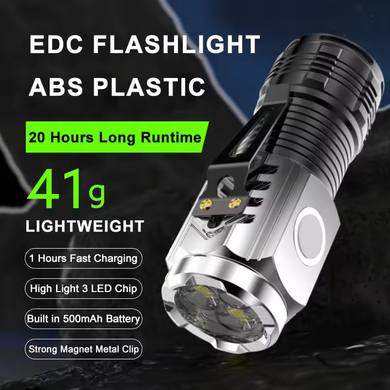 Mini Bright Flashlight  3*LED USB-C Rechargeable Torch ABS Plastic Strong Magnet  Outdoor Flashlight