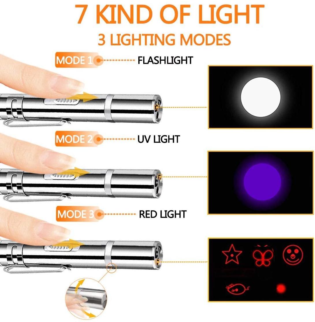 Rechargeable Flashlight Portable Charger 7 in 1 Led Pen Flashlight Indoor Pets Chaser Toys White UV Red Laser Flashlight