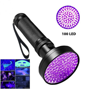 100 LED UV Flashlight with Rubber Handle Germ Detector 395nm UV Blacklight Torch Aluminum Body AA Battery Power IP65 Rating