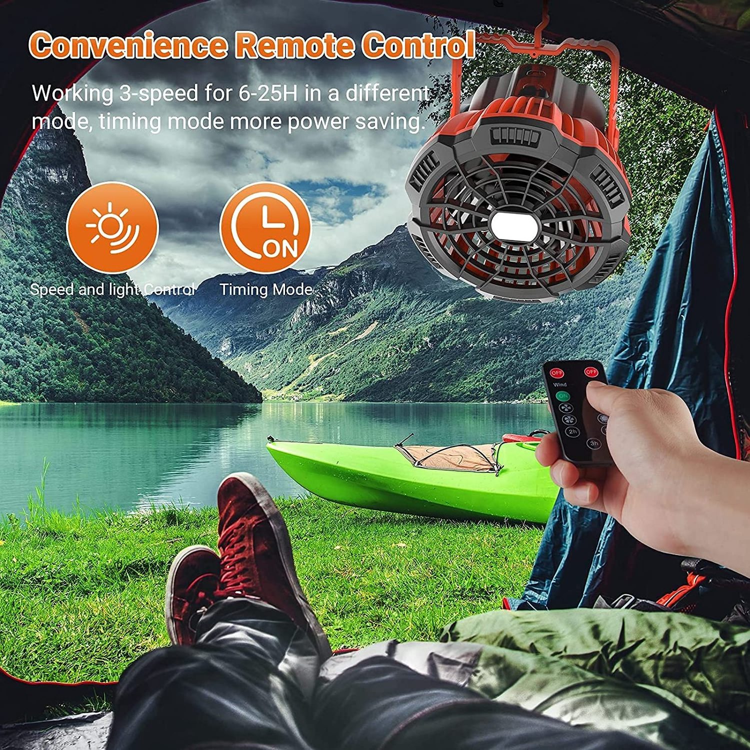 USB Rechargeable Camping Fan with LED Lantern Ceiling Tent Fan with Remote Control, Power Bank, Battery Operated