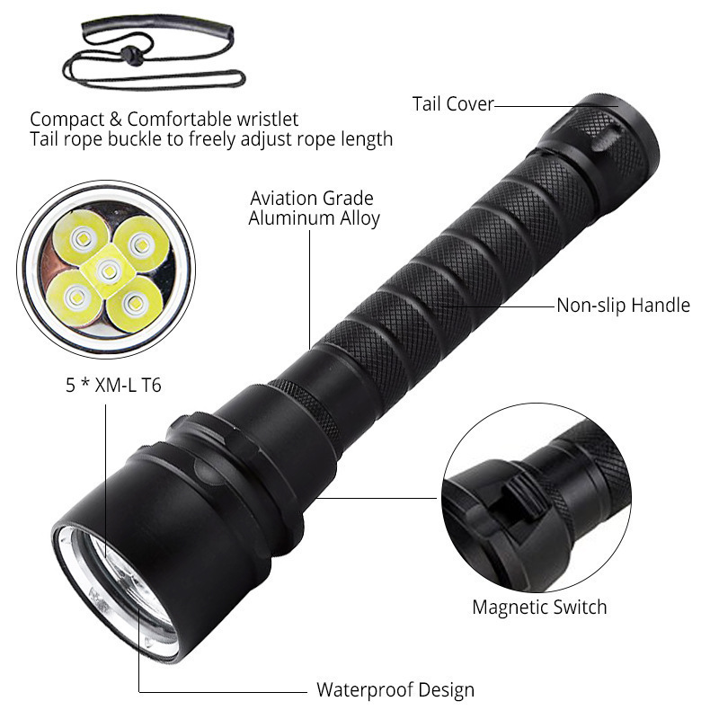 Brinyte 5LED Submarine Dive Flashlight Bright LED Safety Underwater USB Rechargeable IP68 Aluminum Body for Diving