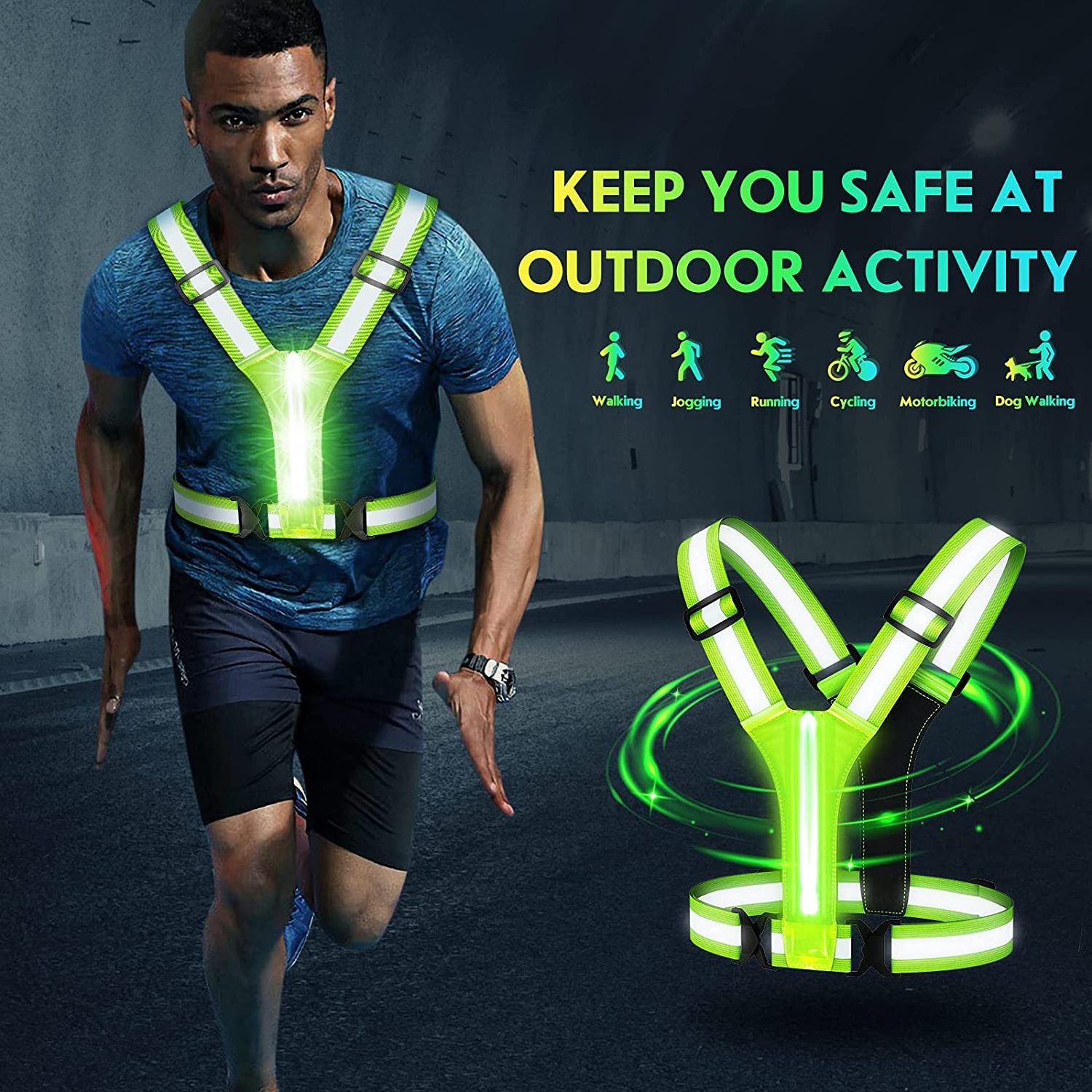 USB Charging Lightweight 3 Modes Led Running Safety Reflective Vest LED USB Night running lights for runners