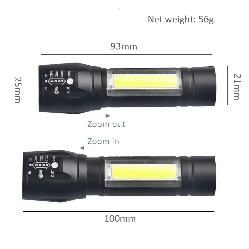 Mini LED Flashlight Rechargeable With COB Reader Lamp Adjustable Focus and 3 Light Modes For Camping Hiking